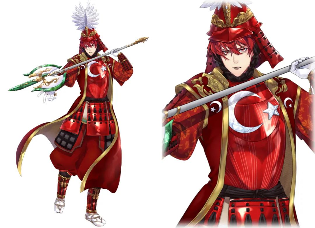 传统奥斯曼帝国的高贵气质姿势和眉宇间透露着身穿着深红色盔甲的战士